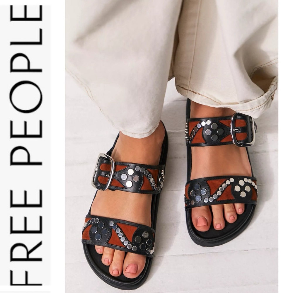 NWB Free People Black/Tan Reverly Studded Sandal 6